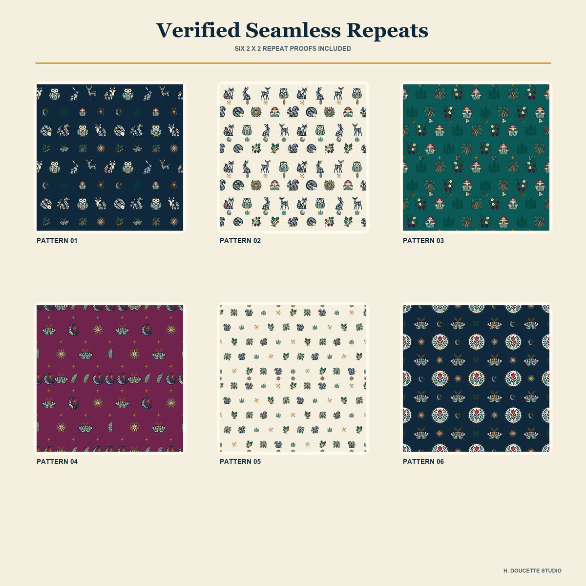 Two-by-two proofs demonstrating the six verified seamless pattern tiles.