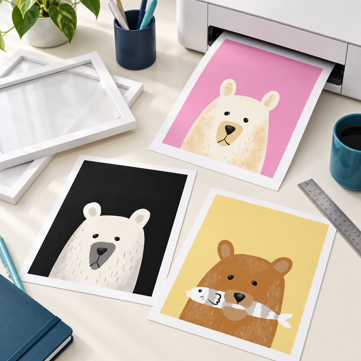 Gentle Bears artwork being printed and prepared for framing at home
