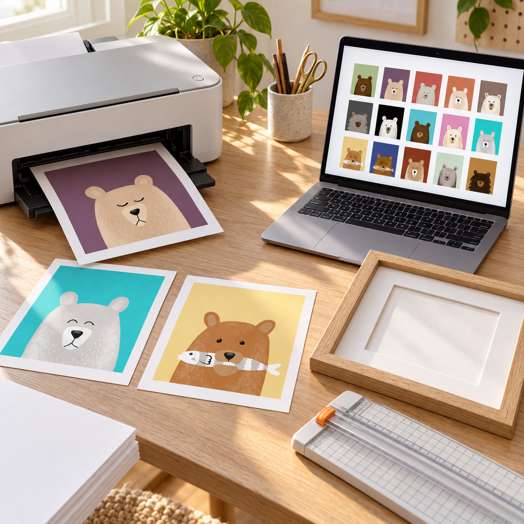 Photorealistic home-printing setup using actual Gentle Bears artwork from the bundle.