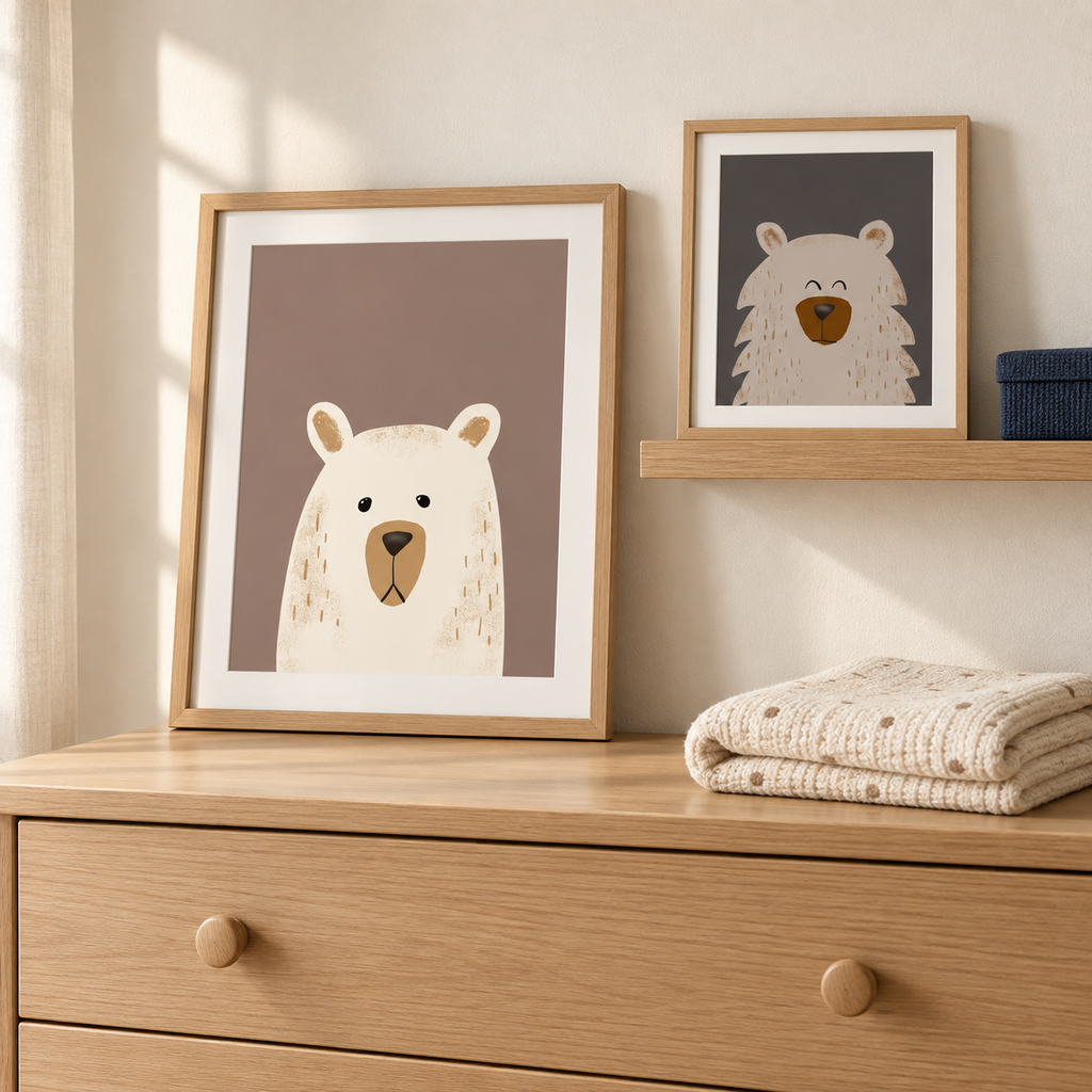 Two Gentle Bears prints styled on a nursery dresser and shelf