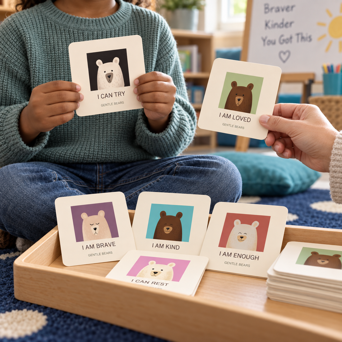 Child and teacher using Gentle Bears affirmation cards during morning meeting