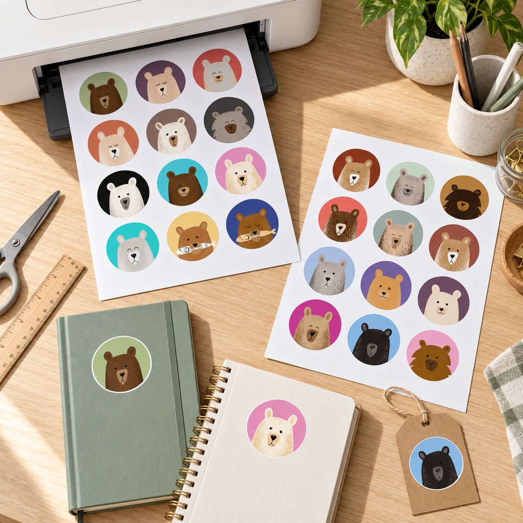 Photorealistic home-printing setup showing both 2-inch label pages and finished Gentle Bears stickers.