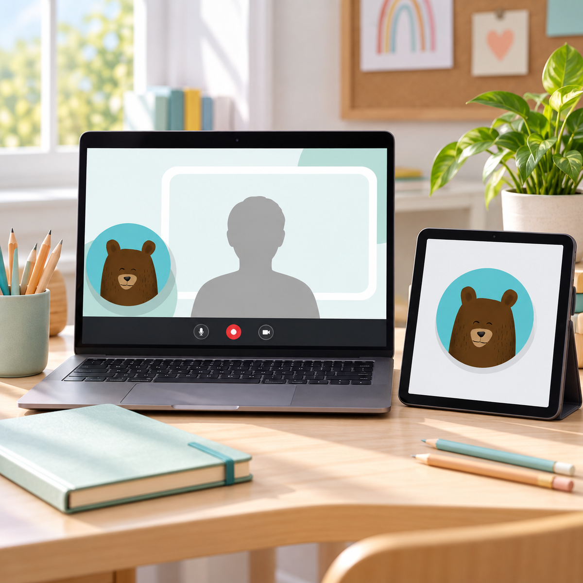 Photorealistic school desk showing the avatar and matching background in use across devices.