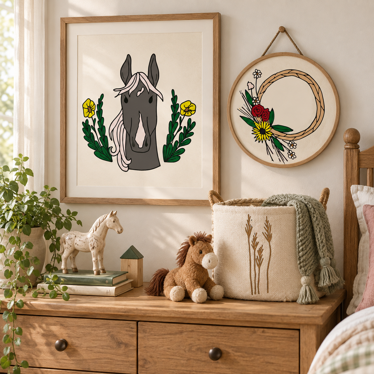 Photorealistic horse-themed bedroom decor using the actual collection artwork.