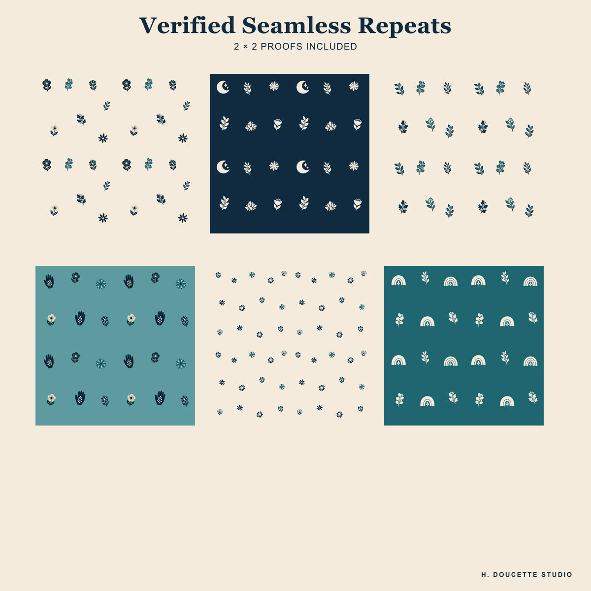 Two-by-two proofs demonstrating the six verified seamless repeat tiles.