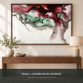 Photorealistic entryway console with a large horizontal sage blush and burgundy alcohol ink print.