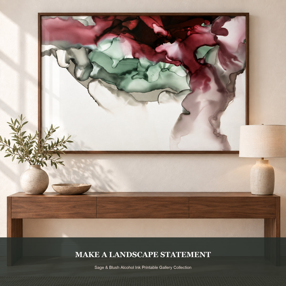 Photorealistic entryway console with a large horizontal sage blush and burgundy alcohol ink print.
