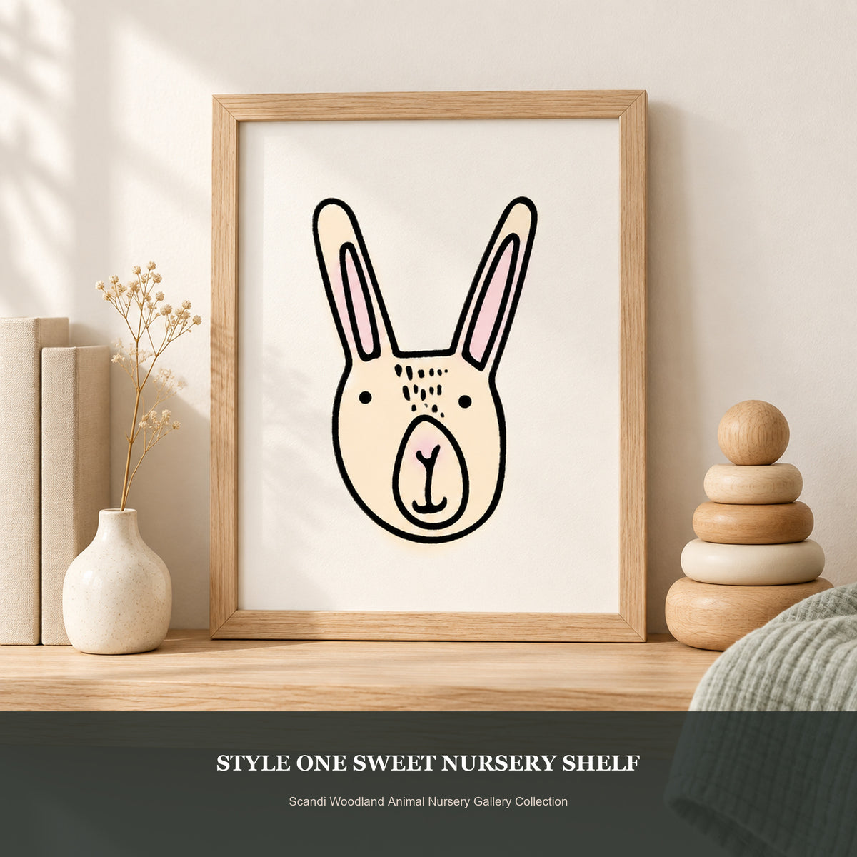 Photorealistic nursery shelf styled with a single framed rabbit printable.