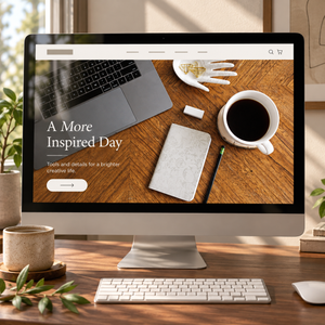 Photorealistic desktop monitor displaying an actual warm workspace photo as a website hero