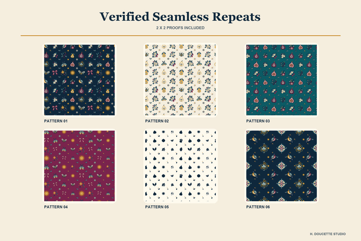 Two-by-two proofs demonstrating the six verified seamless pattern tiles.