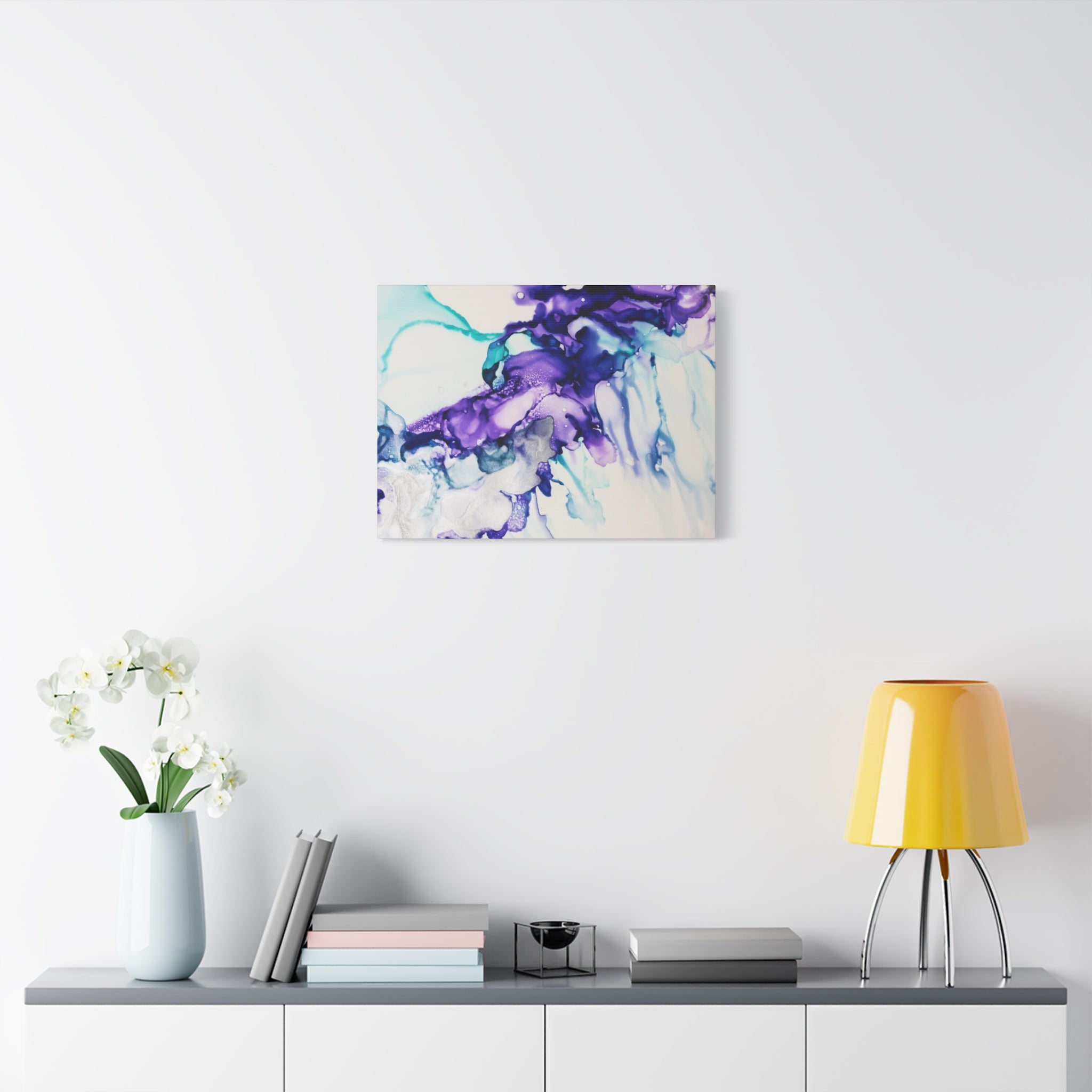Abstract Purple Teal Ink Flow Matte Canvas Art (Stretched)