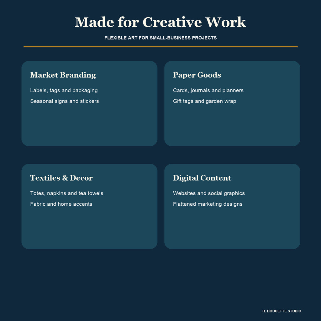 Suggested creative uses for packaging, stationery, textiles, digital content, and small-business branding.