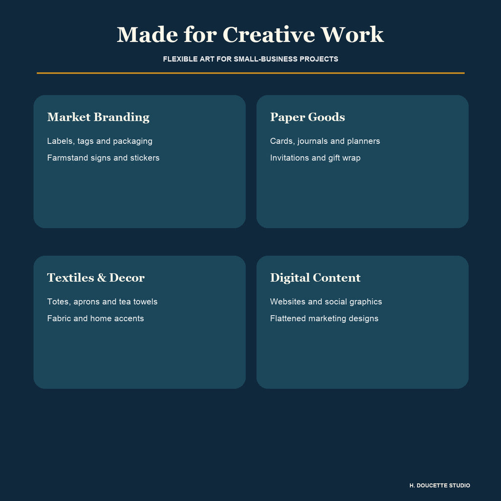 Suggested creative uses for packaging, stationery, textiles, digital content, and small-business branding.