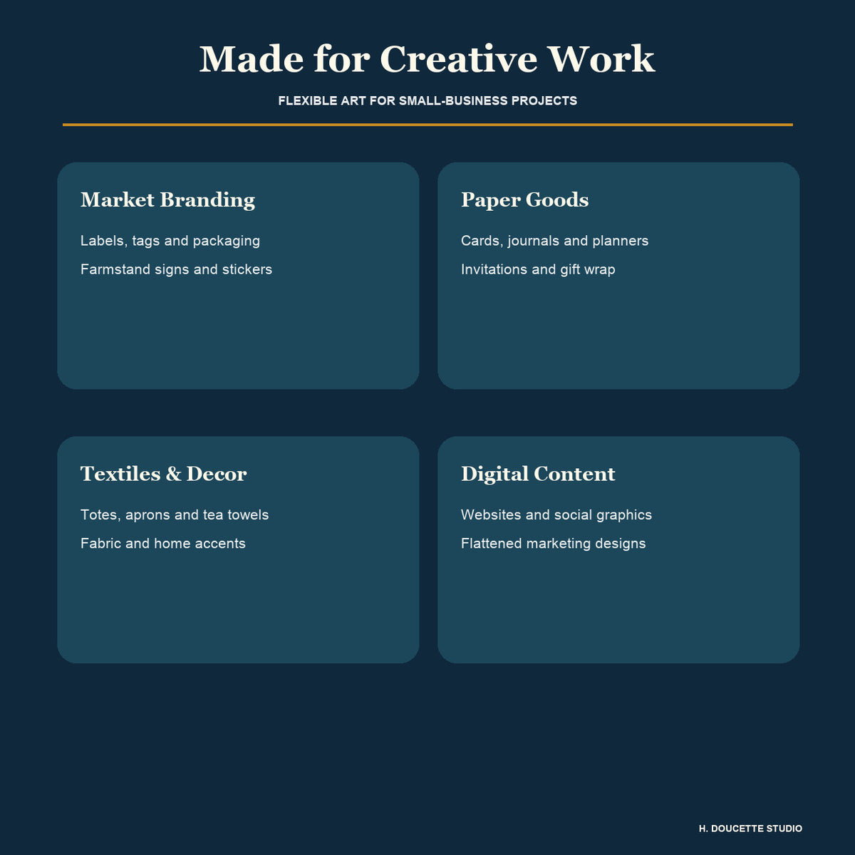 Suggested creative uses for packaging, stationery, textiles, digital content, and small-business branding.