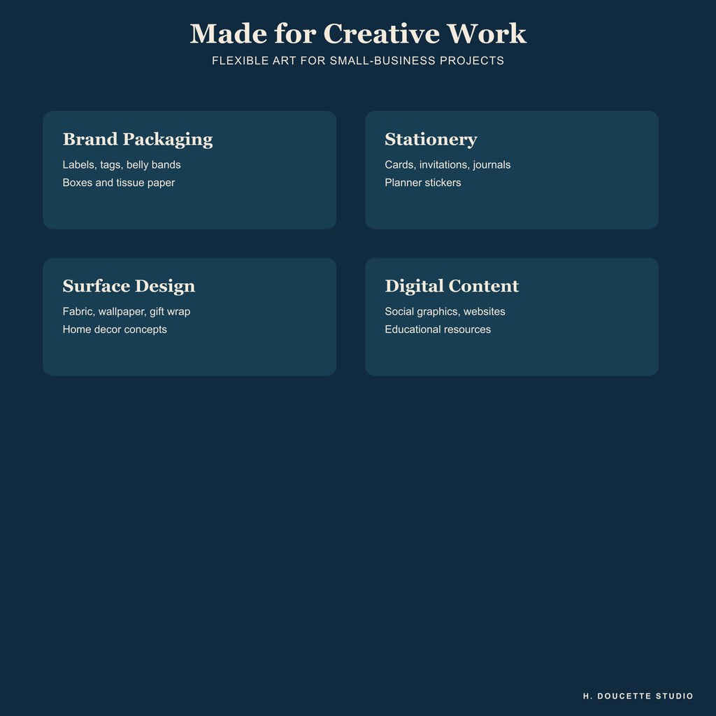 Suggested creative uses for packaging, stationery, surface design, and digital content.