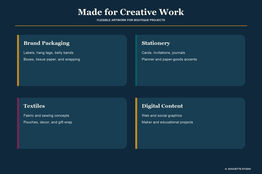 Suggested creative uses for packaging, stationery, textiles, and digital content.
