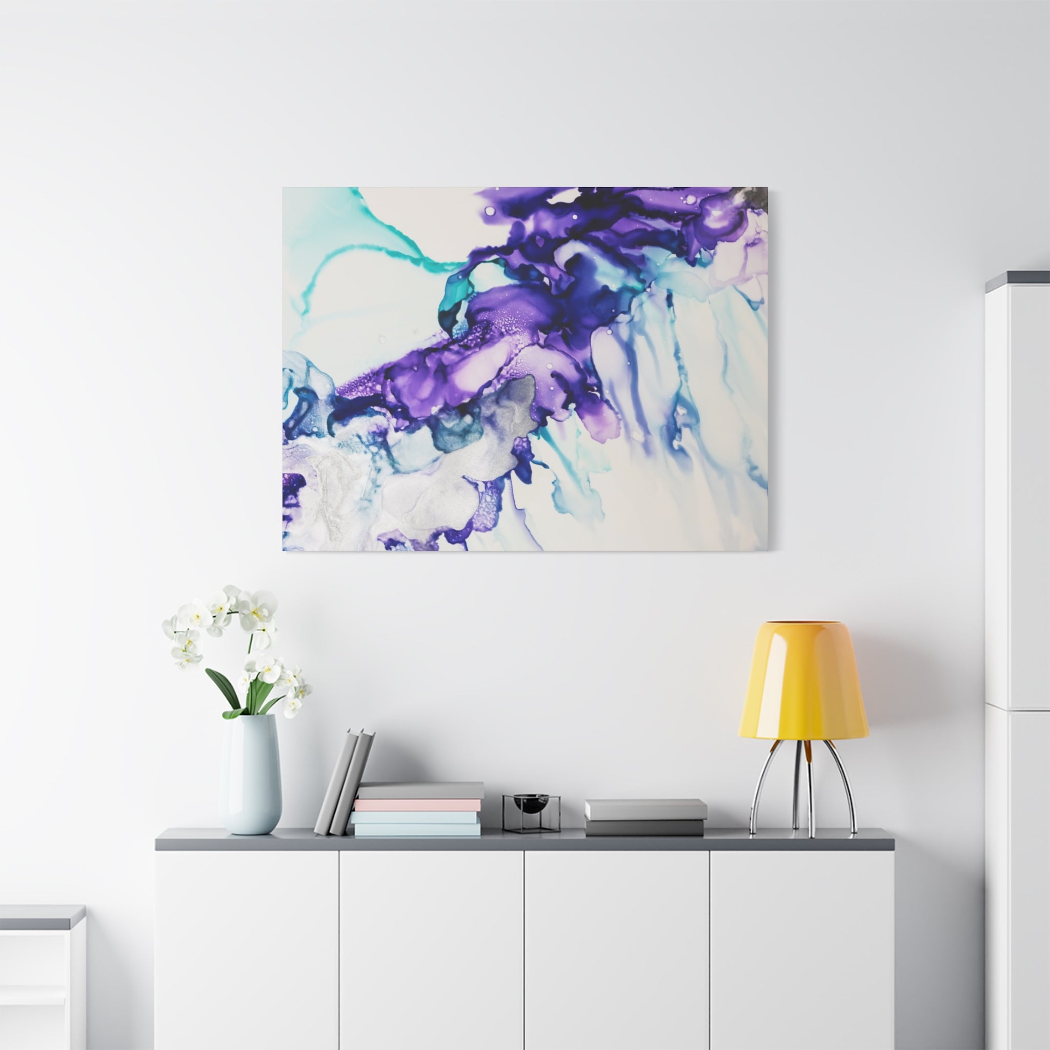 Abstract Purple Teal Ink Flow Matte Canvas Art (Stretched)