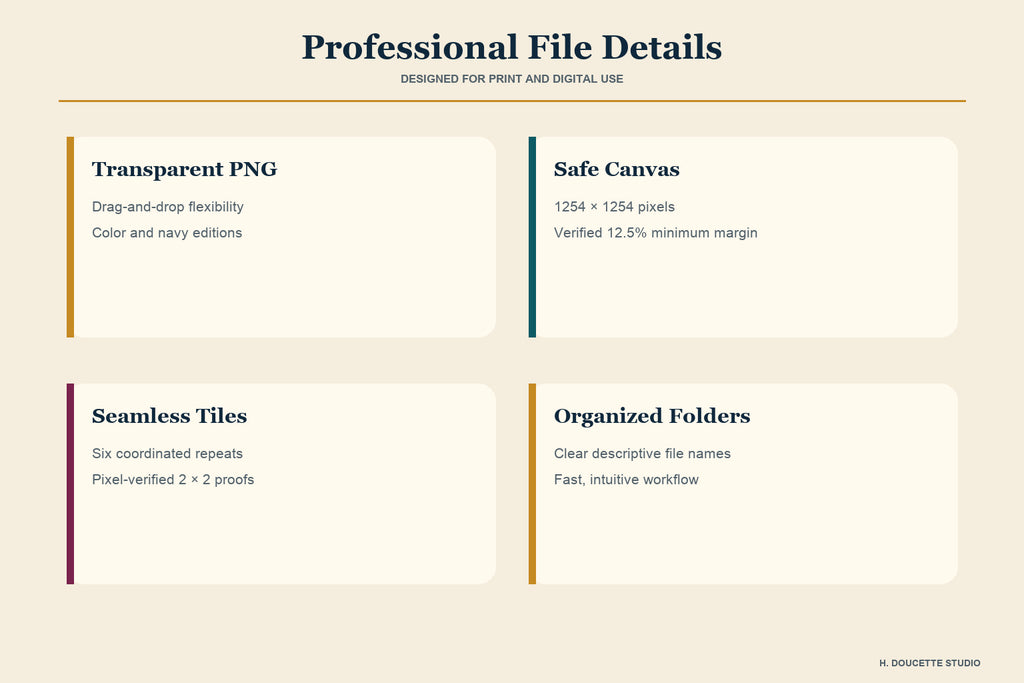 File details showing transparent PNGs, 1254-pixel canvases, safe margins, seamless tiles, and organized folders.