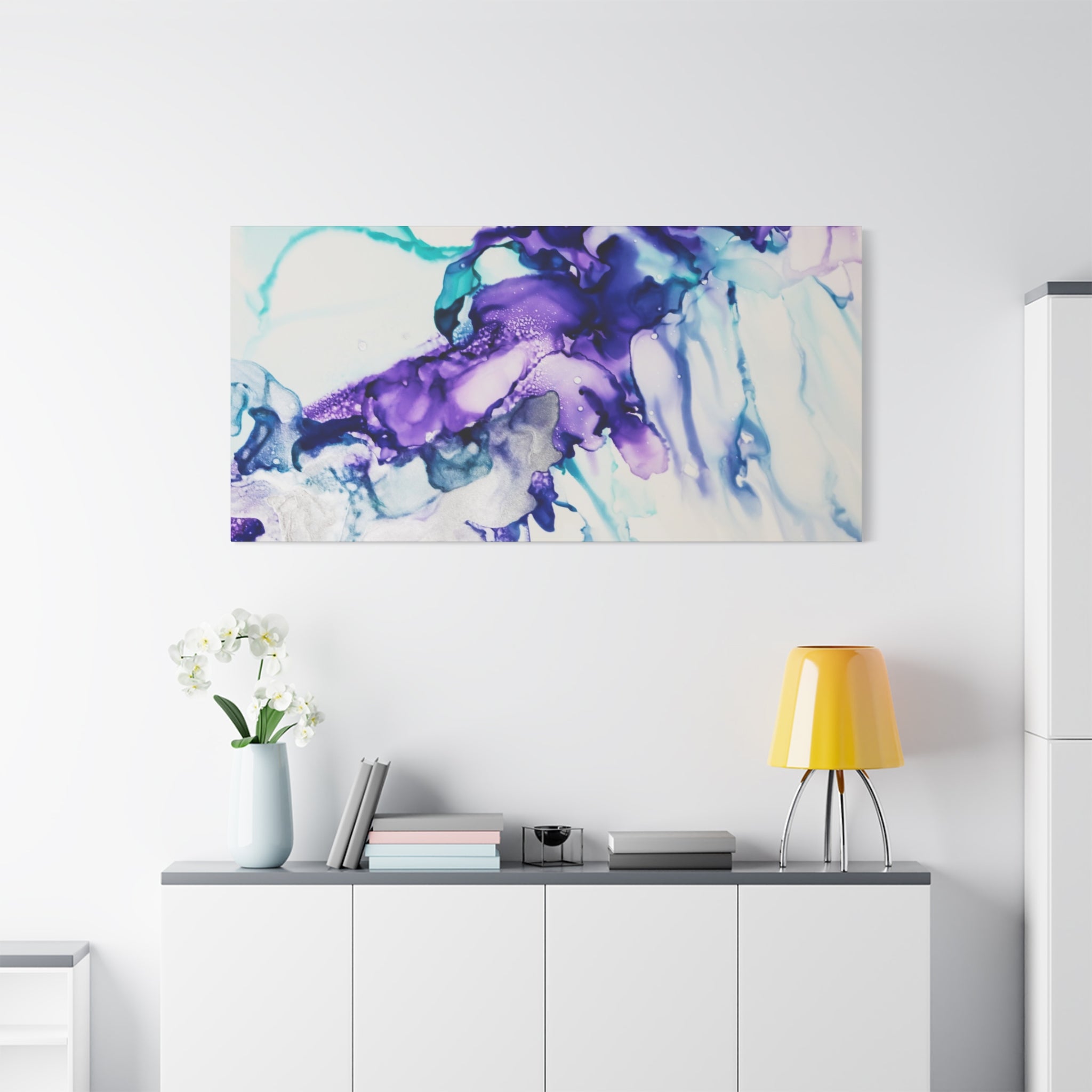 Abstract Purple Teal Ink Flow Matte Canvas Art (Stretched)