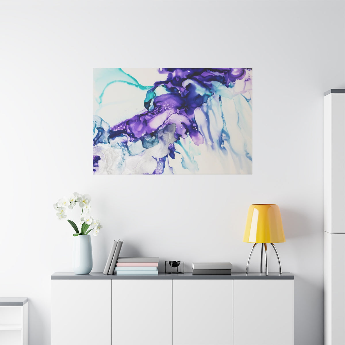 Abstract Purple Teal Ink Flow Matte Canvas Art (Stretched)