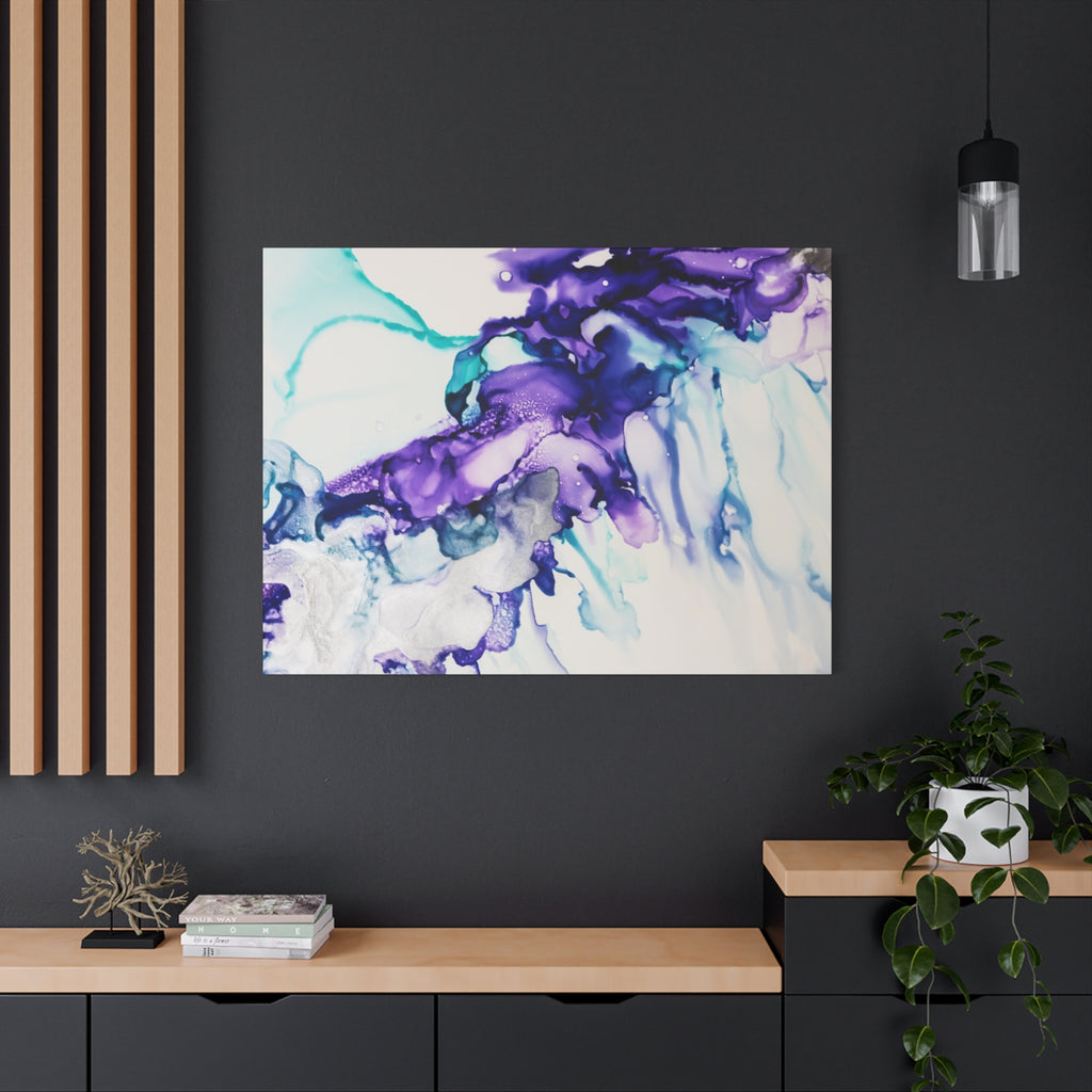 Abstract Purple Teal Ink Flow Matte Canvas Art (Stretched)