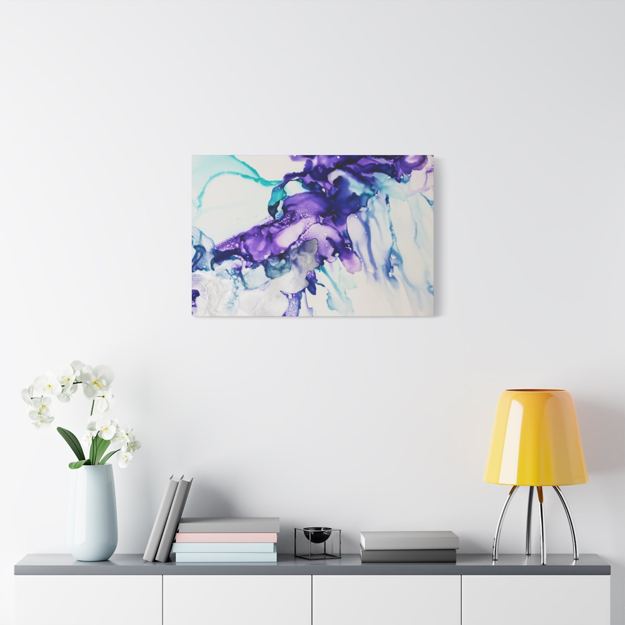 Abstract Purple Teal Ink Flow Matte Canvas Art (Stretched)