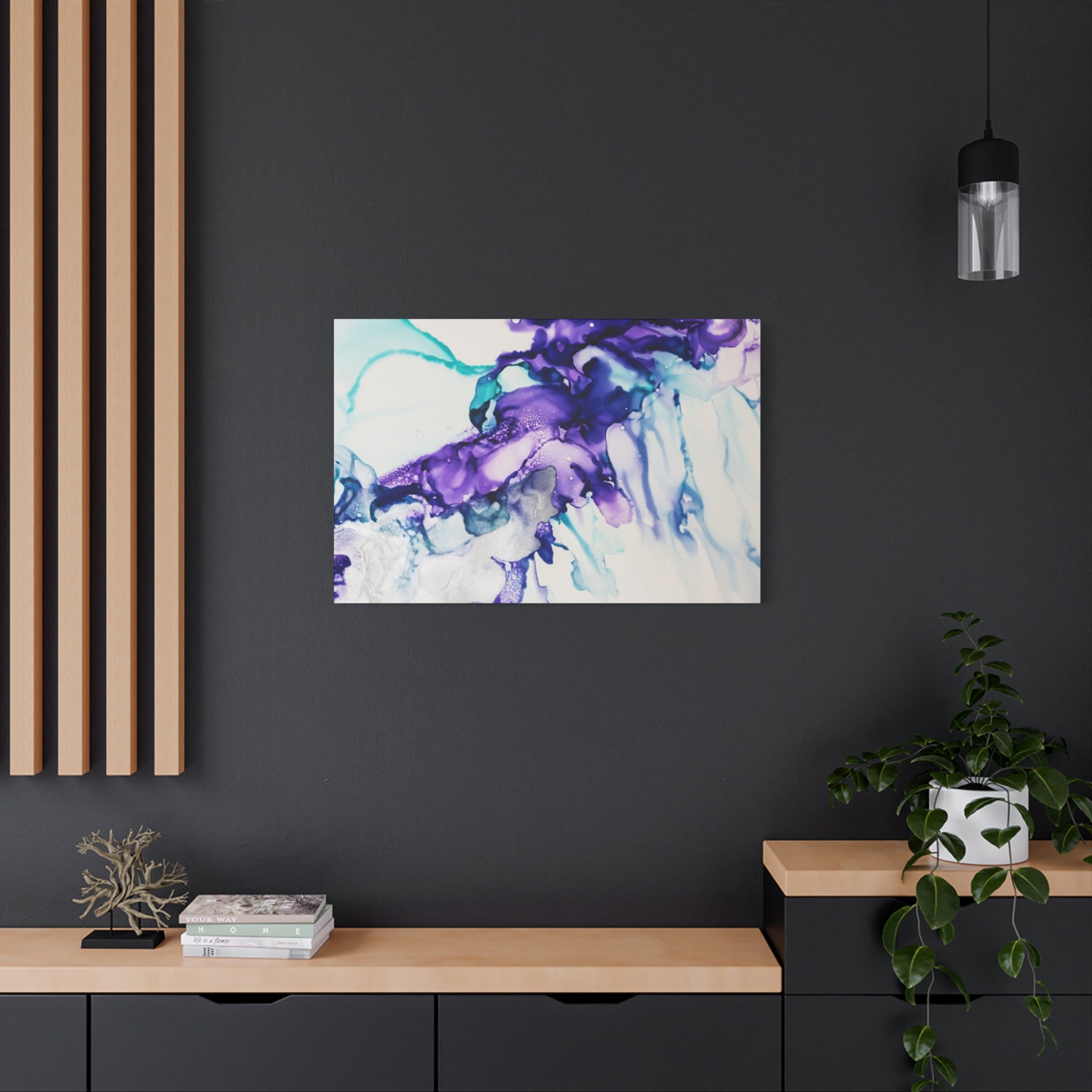Abstract Purple Teal Ink Flow Matte Canvas Art (Stretched)
