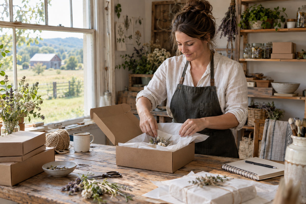 A woman wearing a white shirt and dark gray apron packs a small gift box with dried flowers and tissue paper at a rustic wooden table in a bright, decorated craft room.