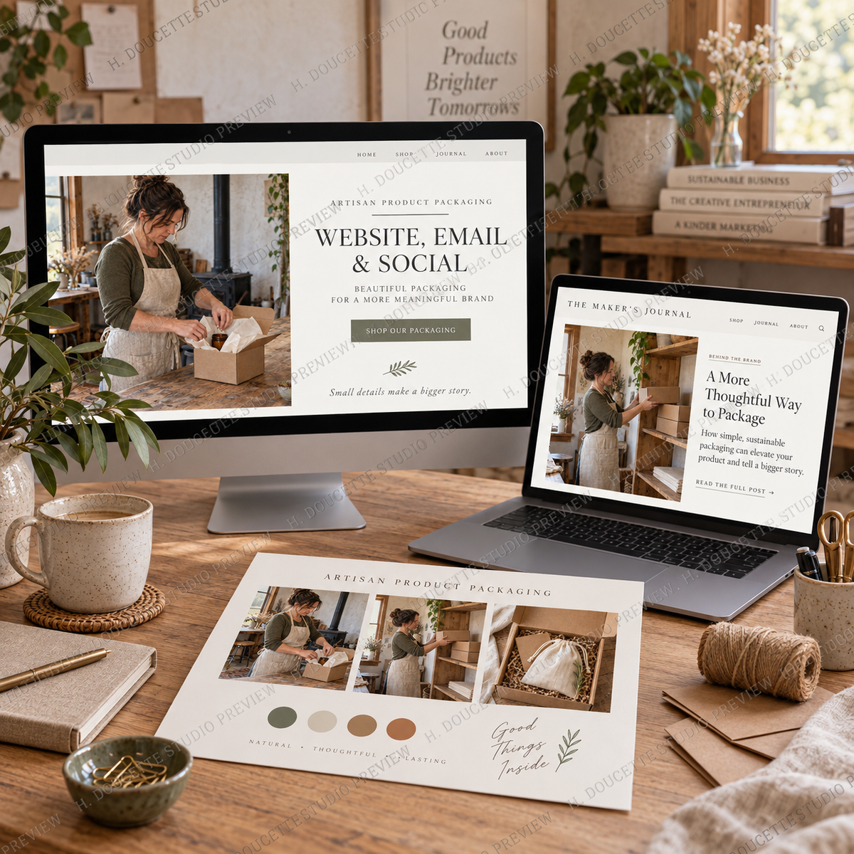 Artisan Product Packaging stock images shown in website, blog, email, and printed brand board mockups