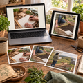 Garden Planning Stock Photos protected preview showing planning photographs on a laptop, tablet, and printed proofs