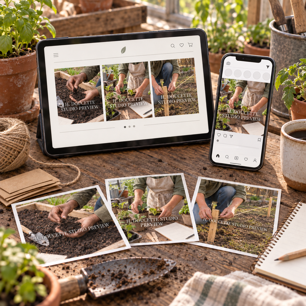 Garden Planning Stock Photos protected preview showing garden images in a tablet, phone, and printed content workflow
