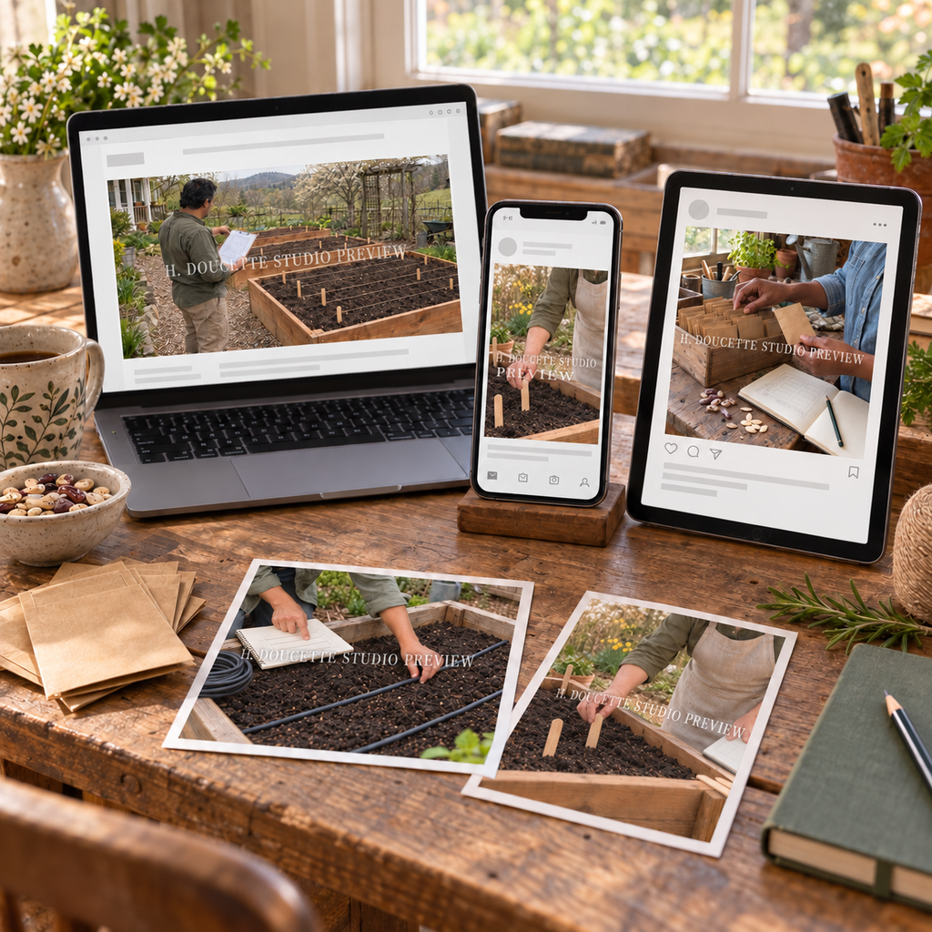 Garden Planning Stock Photos protected preview showing garden planning photographs across a laptop, phone, tablet, and printed proofs
