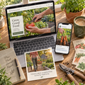 Vegetable gardening stock photos used on a homestead website, social post, and printed marketing card