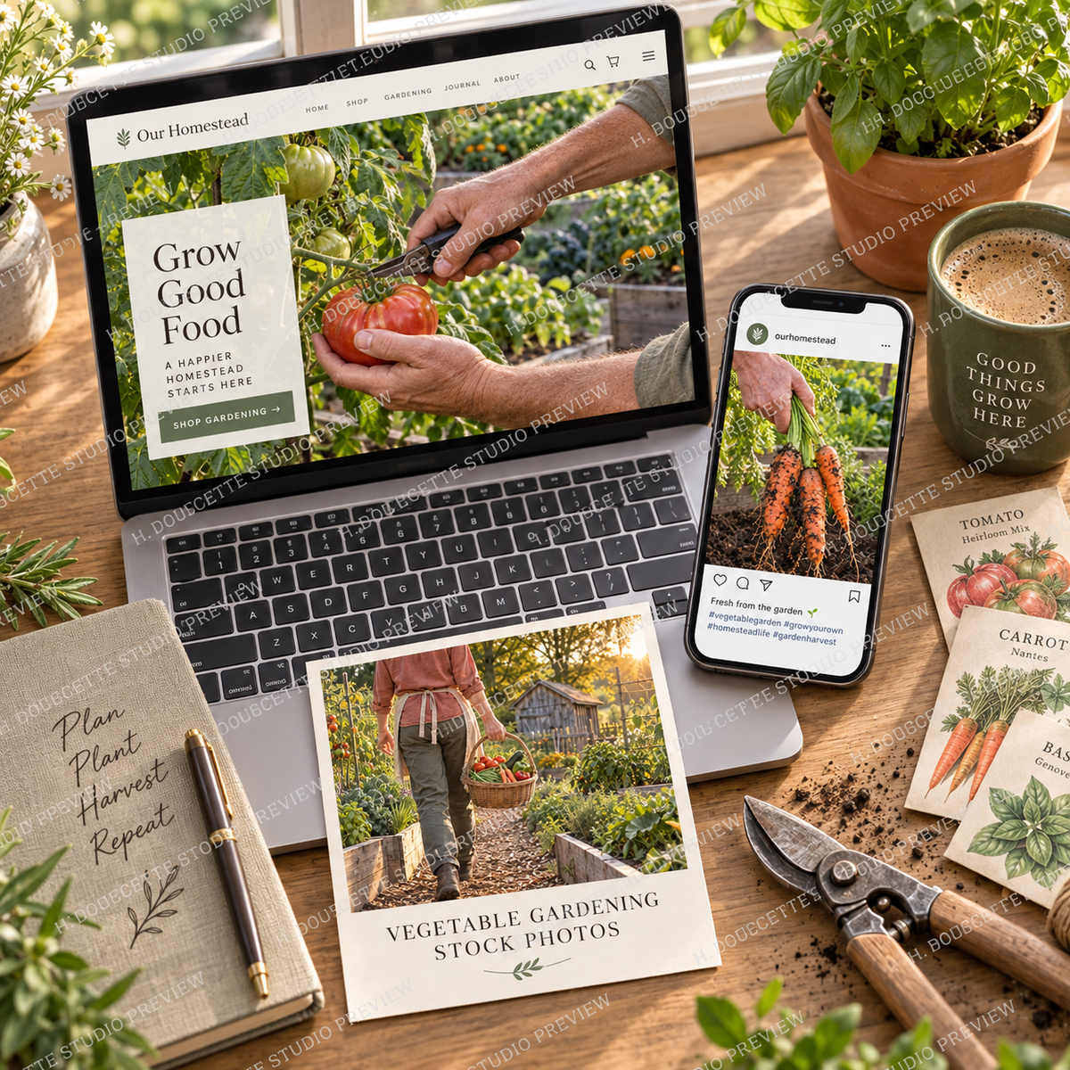 Vegetable gardening stock photos used on a homestead website, social post, and printed marketing card