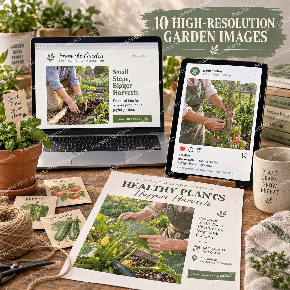 Vegetable gardening images used in an email newsletter, social media post, and garden workshop flyer