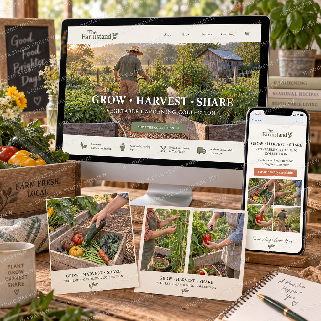 Vegetable gardening stock photo collection used for a farmstand website, email campaign, and printed cards