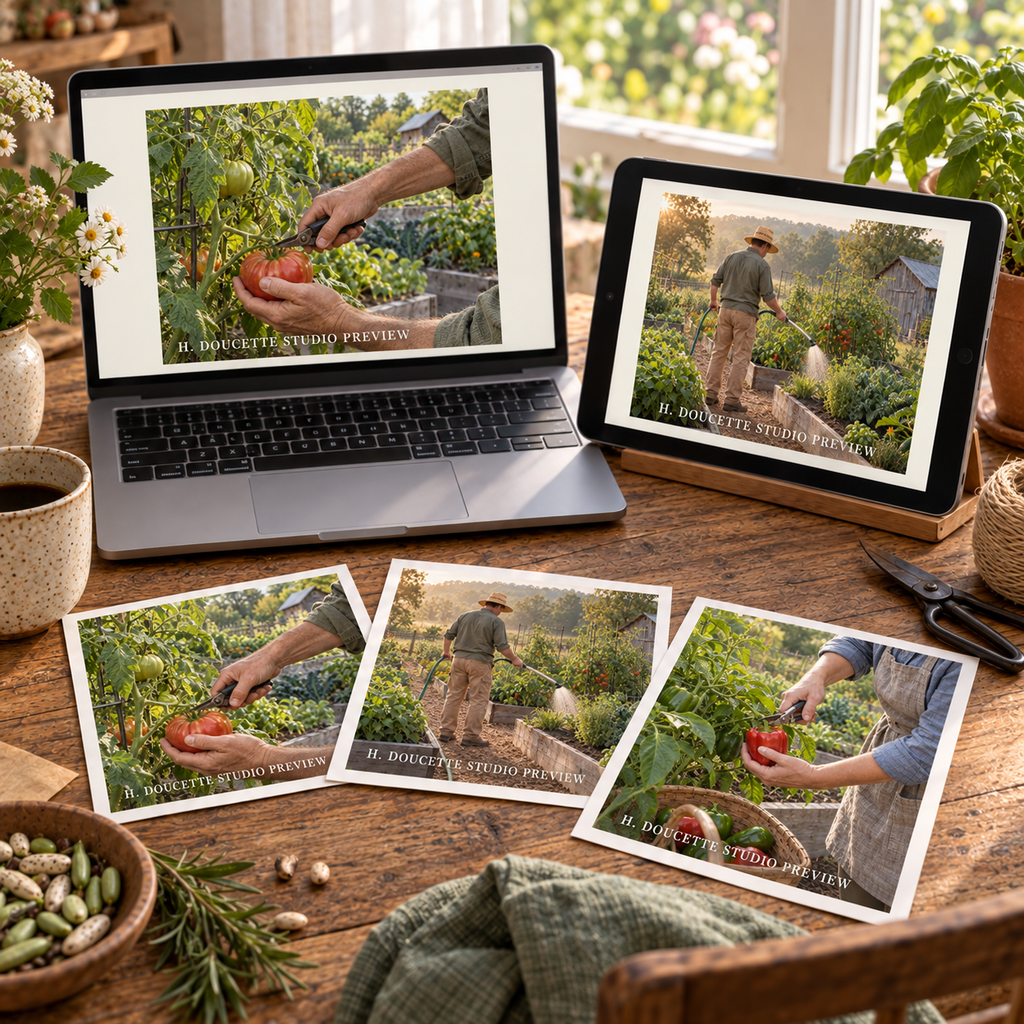 Vegetable Gardening Stock Photos shown on a laptop, tablet, and printed samples