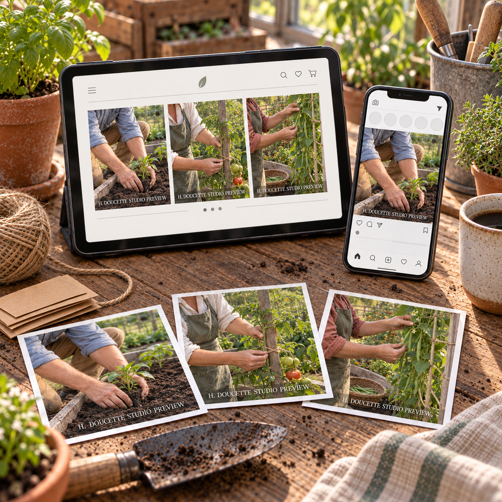 Vegetable Gardening Stock Photos shown in a tablet gallery, social media preview, and printed samples