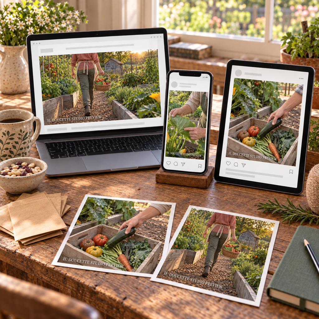 Vegetable Gardening Stock Photos shown in website, social media, tablet, and printed marketing previews