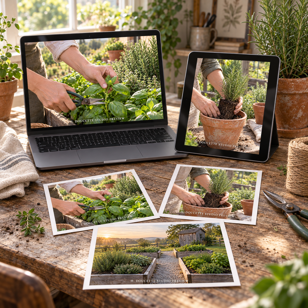 Herb Gardening stock photo bundle shown on laptop, tablet, and printed photos