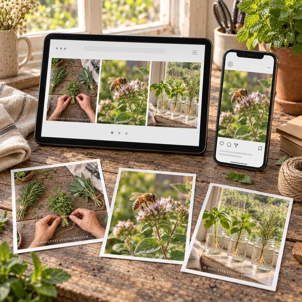 Herb Gardening stock photos displayed in website, social media, and print layouts
