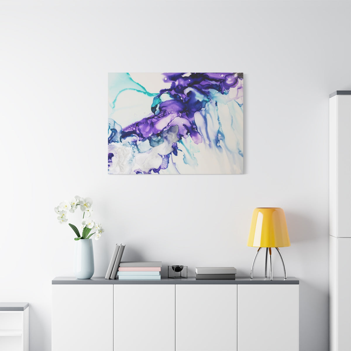 Abstract Purple Teal Ink Flow Matte Canvas Art (Stretched)