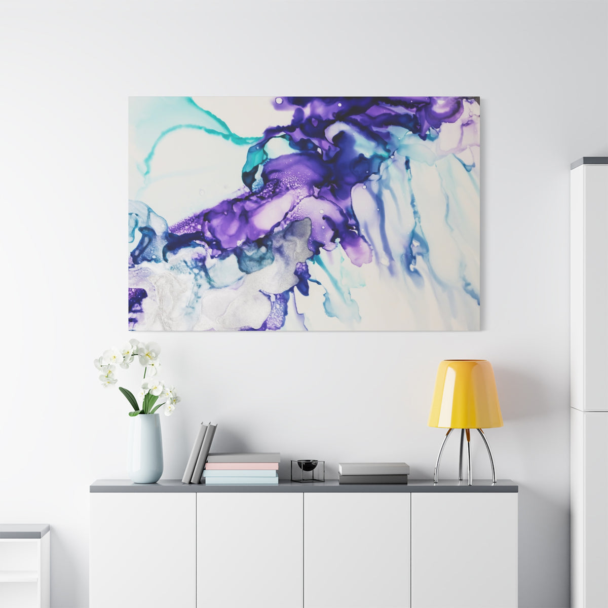 Abstract Purple Teal Ink Flow Matte Canvas Art (Stretched)