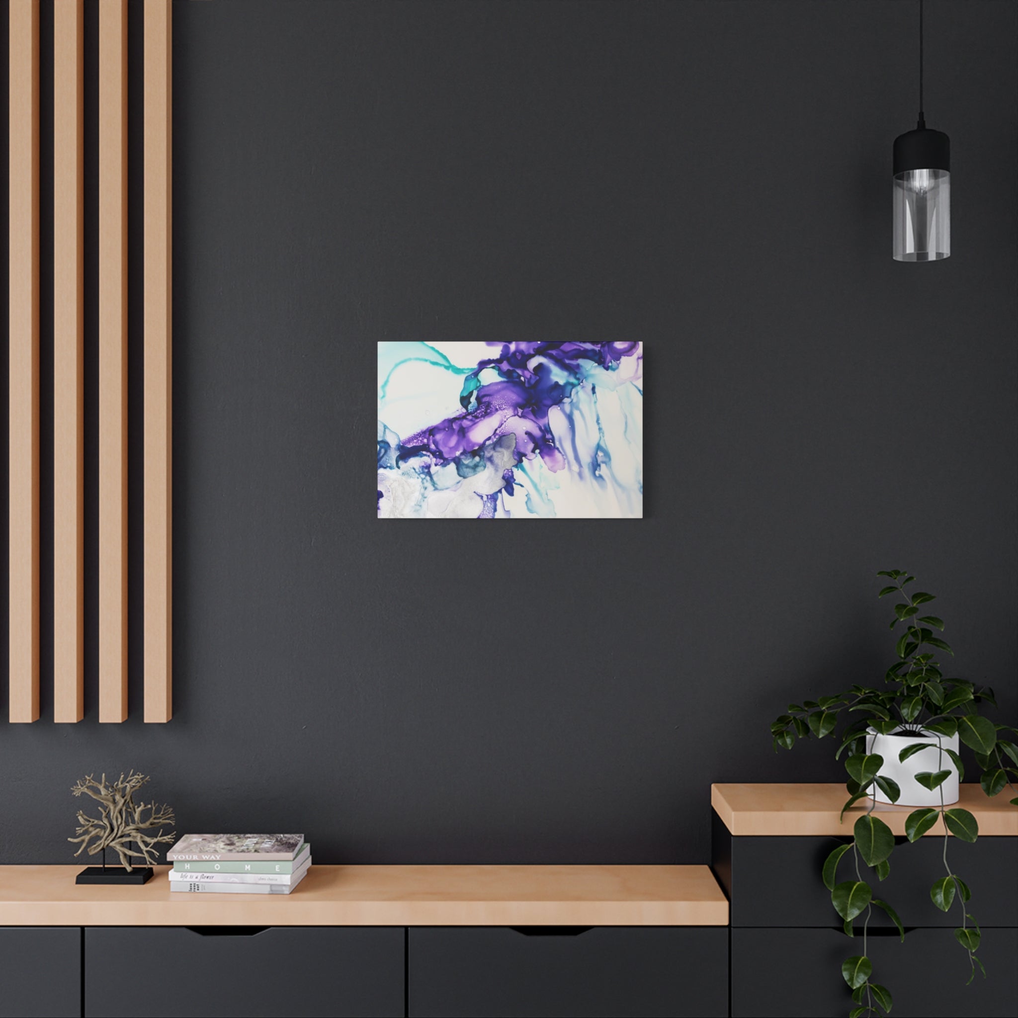 Abstract Purple Teal Ink Flow Matte Canvas Art (Stretched)