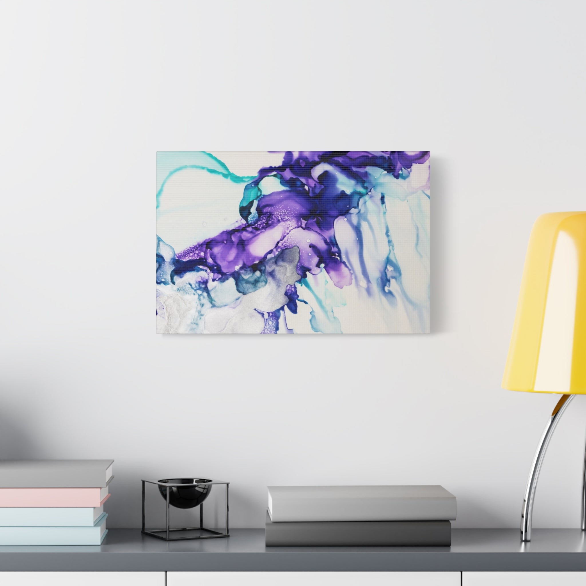 Abstract Purple Teal Ink Flow Matte Canvas Art (Stretched)