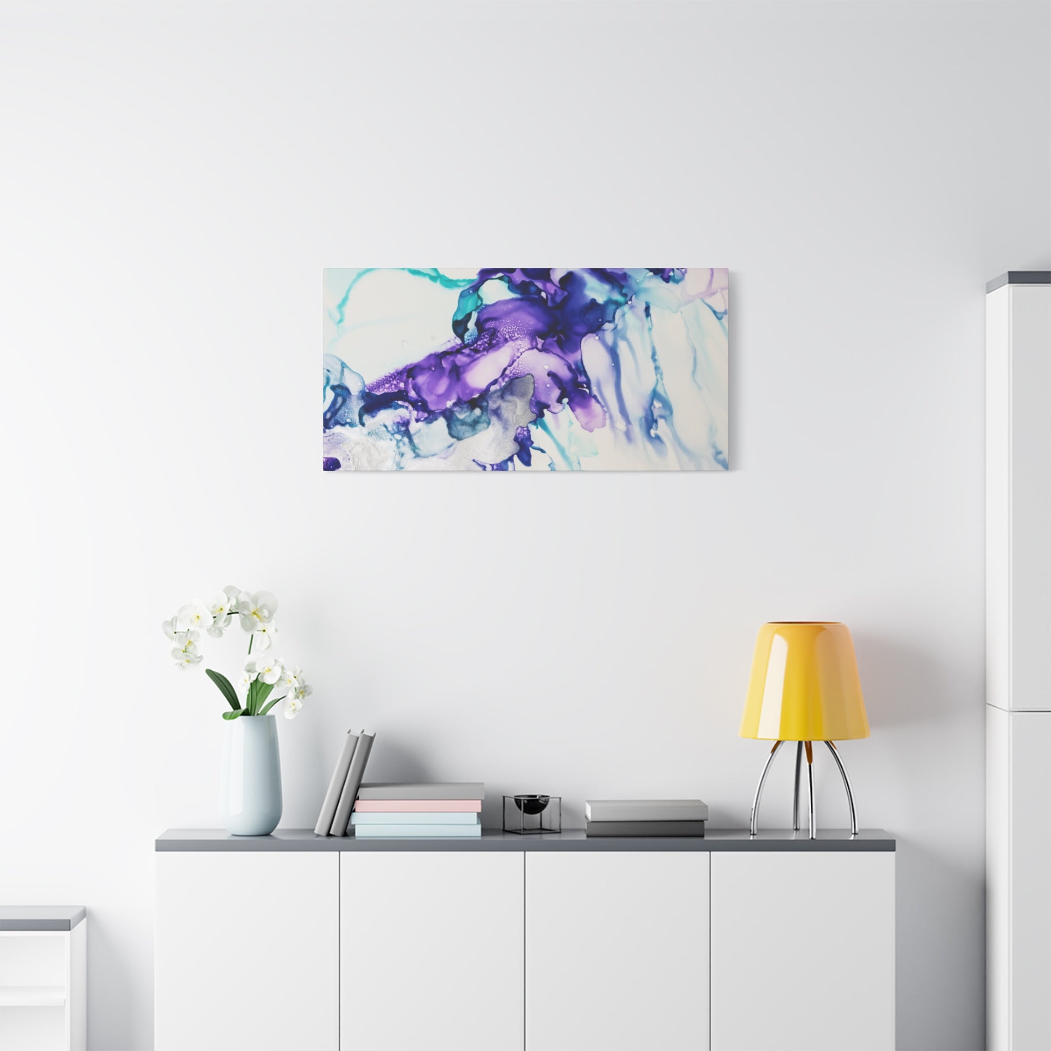 Abstract Purple Teal Ink Flow Matte Canvas Art (Stretched)
