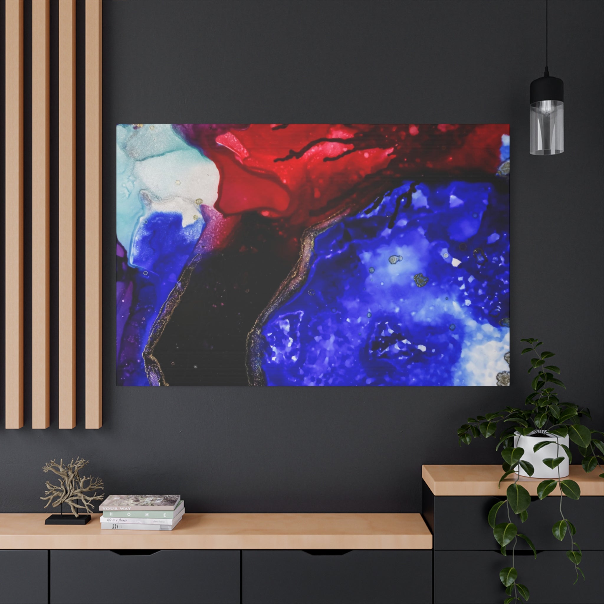 Abstract Geode Resin Art Canvas – Blue & Red Fluid Wall Art (Matte Stretched)