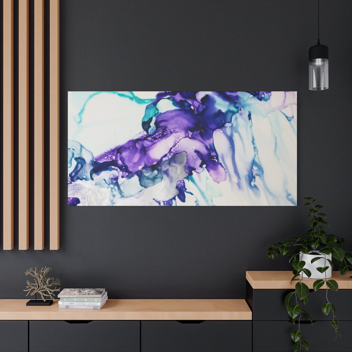 Abstract Purple Teal Ink Flow Matte Canvas Art (Stretched)