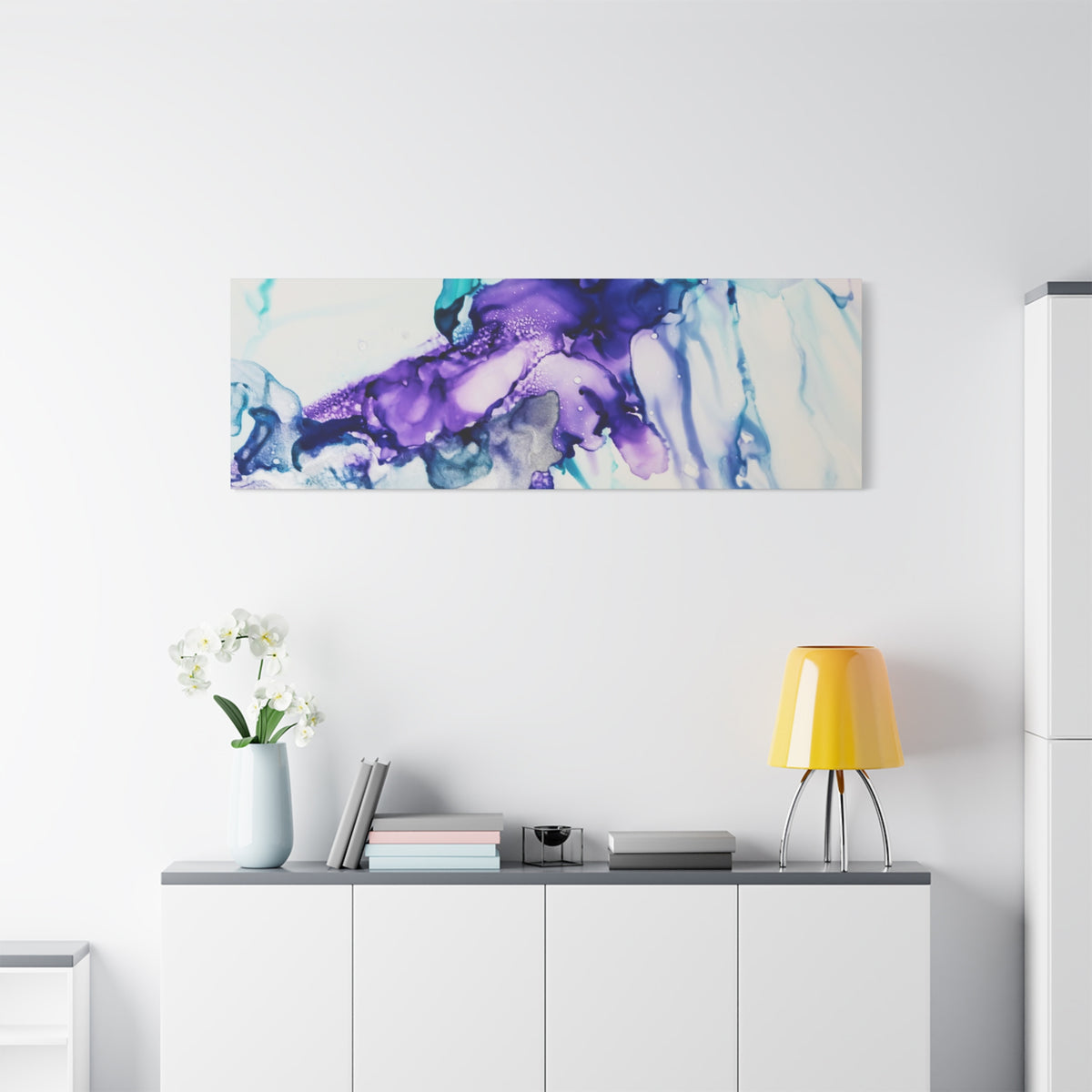 Abstract Purple Teal Ink Flow Matte Canvas Art (Stretched)