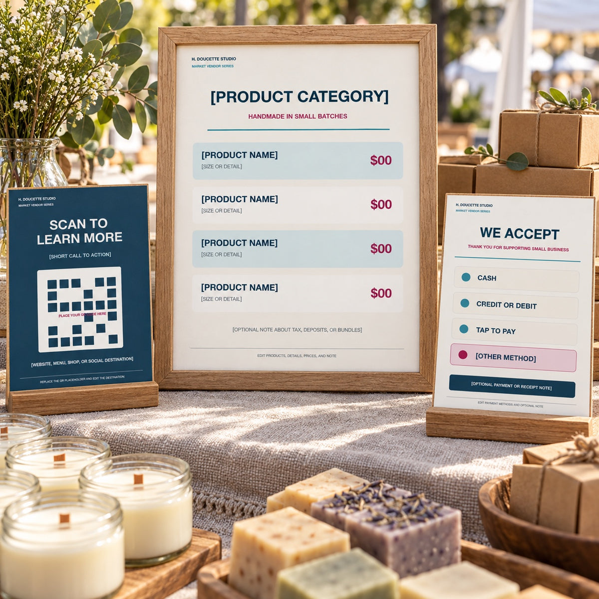 Farmers market booth displaying the editable Booth Signage Canva Kit price, QR, and payment signs